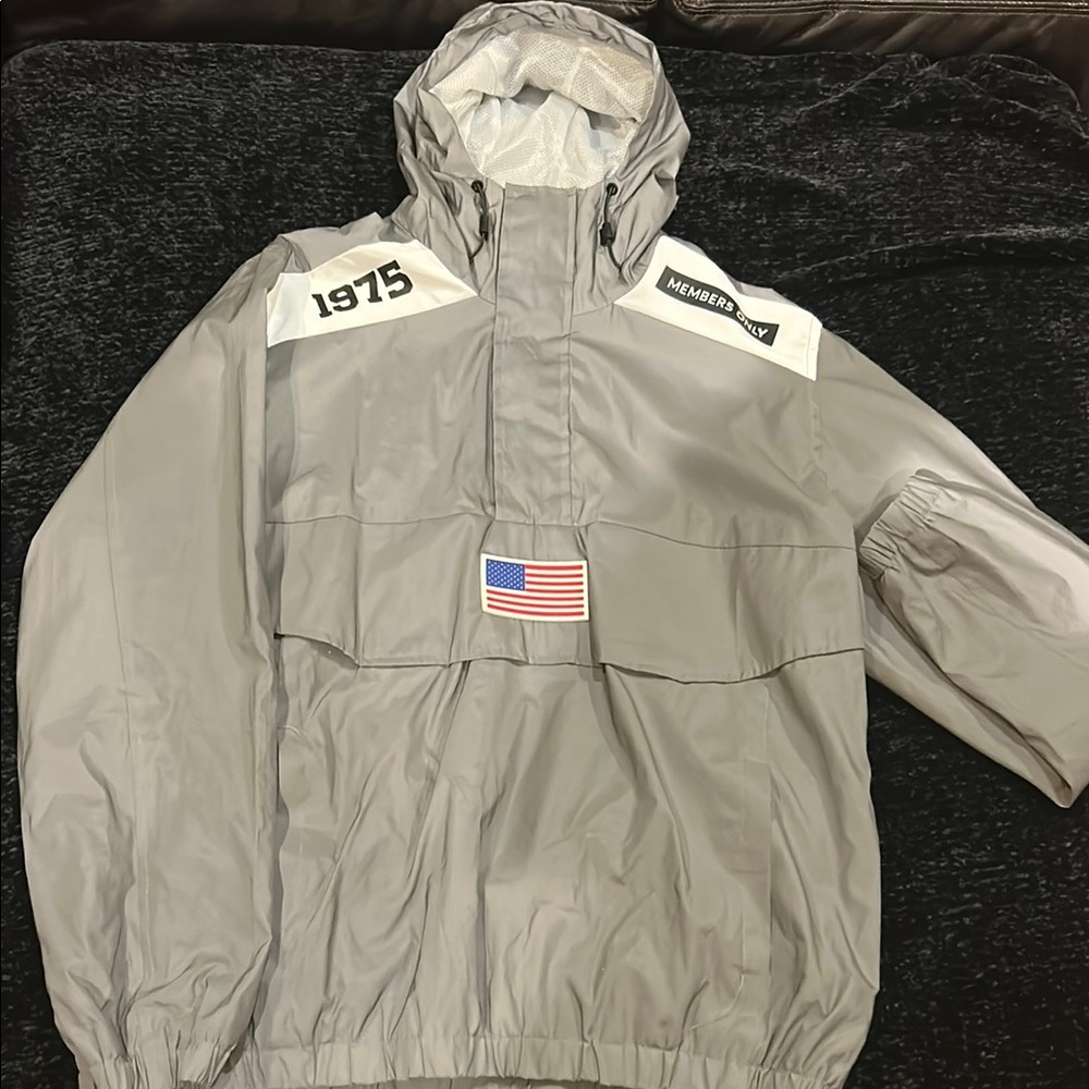 Gray Hooded Windbreaker with Flag Patch
